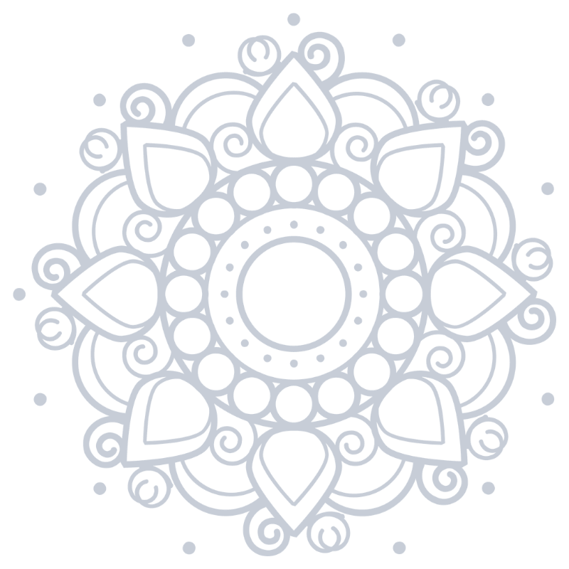 Mandala géométrique symétrique aux motifs floraux stylisés, cercles et feuilles ornementales en gris clair