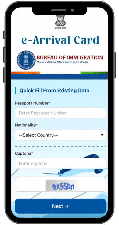 Formulaire e-Arrival Card du Bureau of Immigration indien avec champs pour numéro de passeport, nationalité et captcha