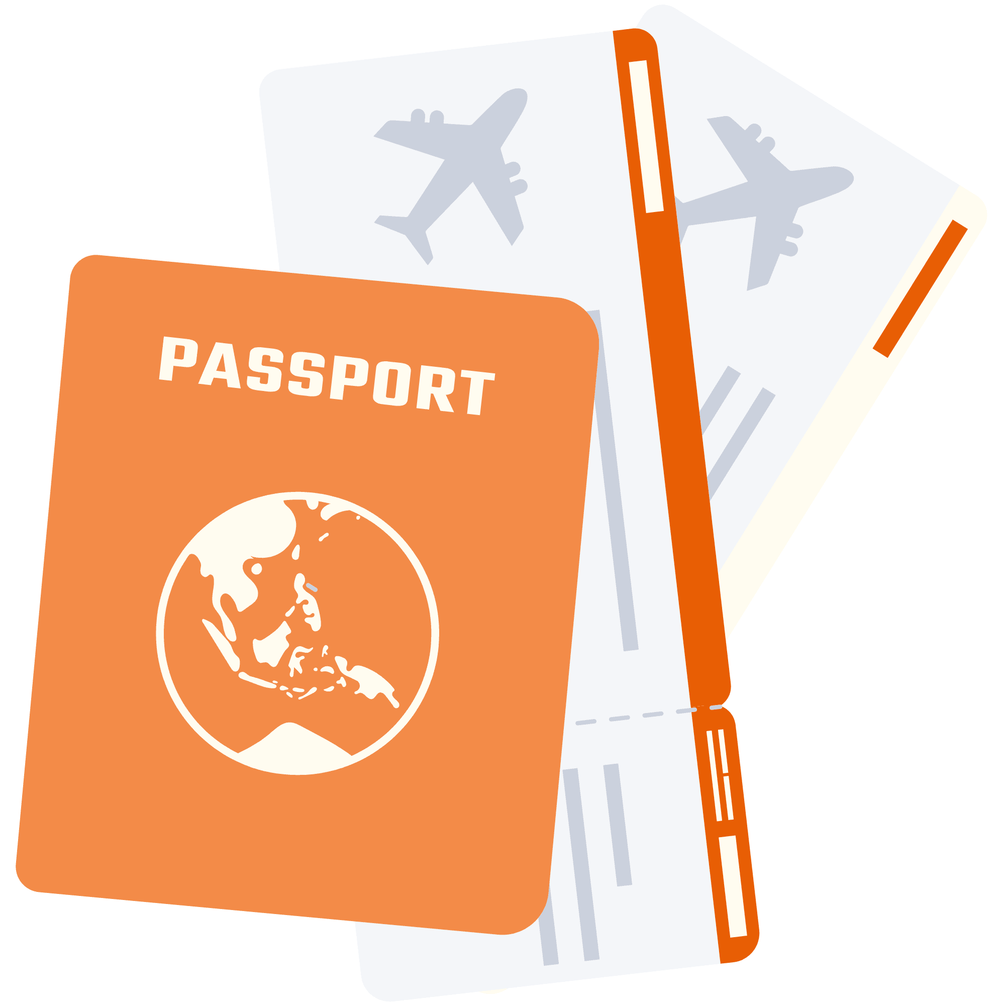 Passeport orange ouvert avec un globe terrestre, accompagné de deux avions gris et de documents de voyage avec un stylo